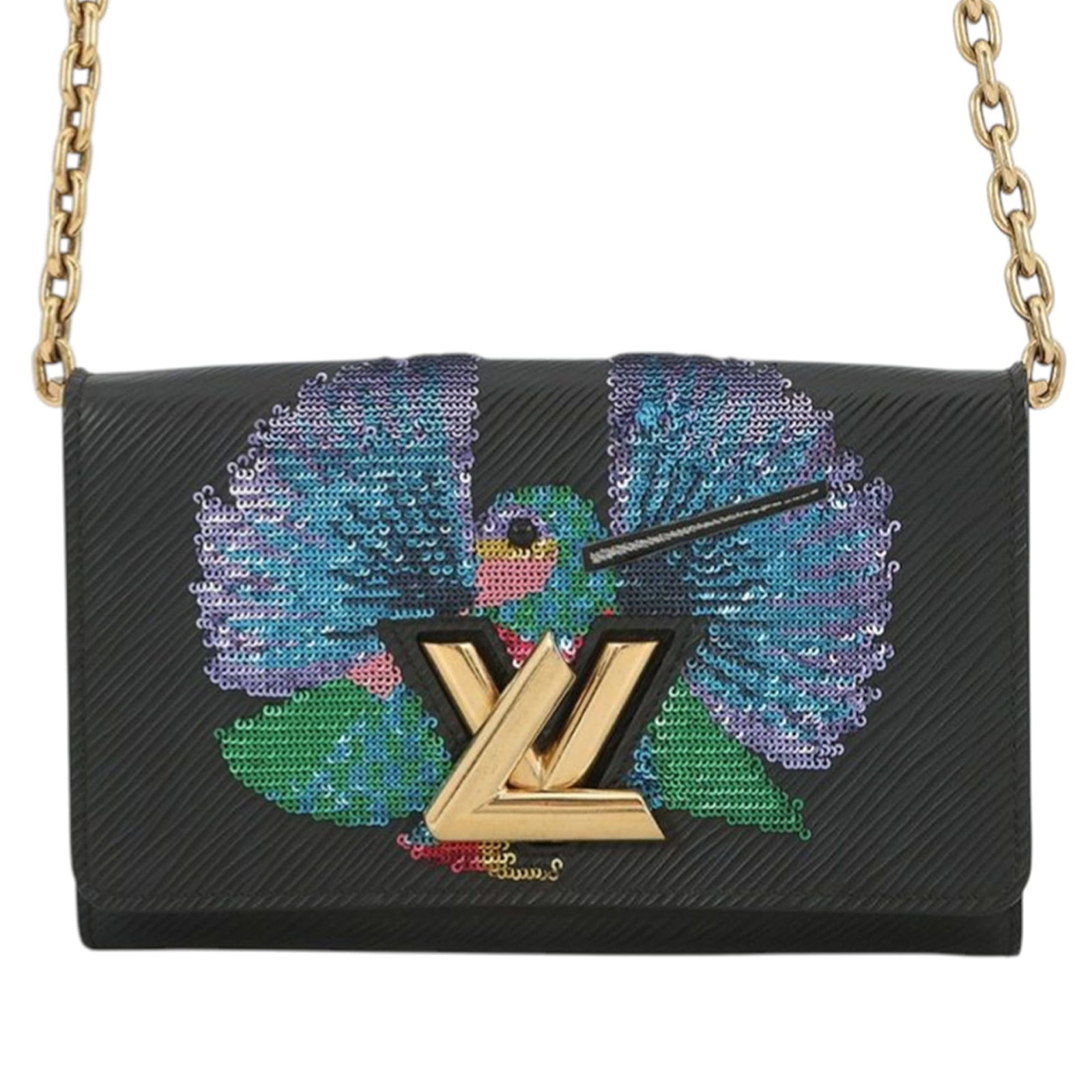 Louis Vuitton Epi Leather Chain Wallet With Sequin Bird Motif: Louis Vuitton Epi Leather Chain Wallet With Sequin Bird Motif This Louis Vuitton Epi Sequin Bird Twist Wallet On Chain features a black epi leather exterior with sequin embellishments. It includes a c