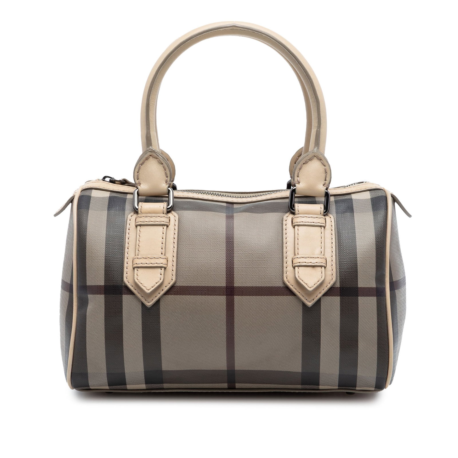 Burberry Chester Boston Bag in Smoke Check Coated Canvas: Burberry Chester Boston Bag in Smoke Check Coated Canvas This Burberry Chester Boston bag features the signature Smoke Check pattern on a coated canvas body, complemented by rolled leather handles and