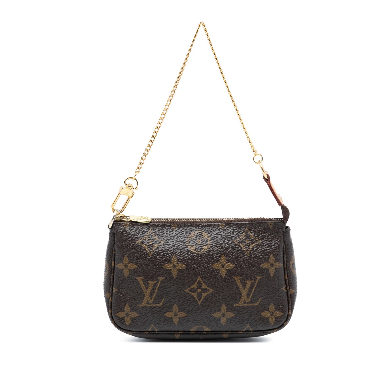 Louis Vuitton Mini Monogram Canvas Pouch with Chain Strap: Louis Vuitton Mini Monogram Canvas Pouch with Chain Strap This Louis Vuitton Monogram Mini Pochette Accessoires features the iconic monogram canvas body, a gold-tone chain strap, and a top zip closure