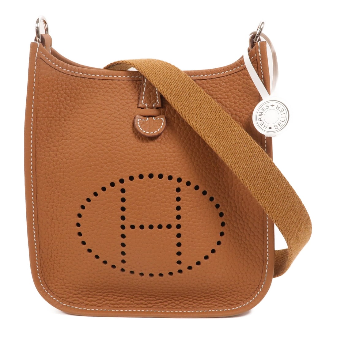 Hermes Evelyne TPM Taurillon Clemence Shoulder Bag Gold: Hermes Evelyne TPM Taurillon Clemence Shoulder Bag Gold This Hermes Evelyne TPM shoulder bag is crafted from Taurillon Clemence calfskin leather in a rich brown color. Featuring a compact and versatil