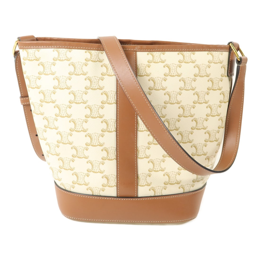 CELINE Triomphe small bucket shoulder bag coated canvas GHW: CELINE Triomphe small bucket shoulder bag coated canvas GHW This CELINE Triomphe bucket bag is crafted from brown PVC coated canvas, offering a stylish and durable design. The small shoulder bag featu