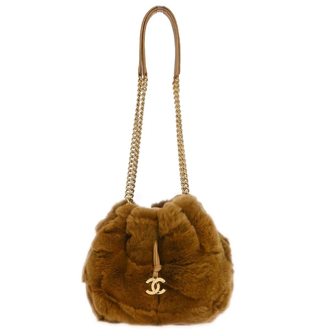 Chanel Medium Brown Fur Shoulder Bag with Drawstring and Logo Accent: Chanel Medium Brown Fur Shoulder Bag with Drawstring and Logo Accent This Chanel shoulder bag features a brown lapin fur exterior with logo accents and inner pockets, designed for a casual occasion.