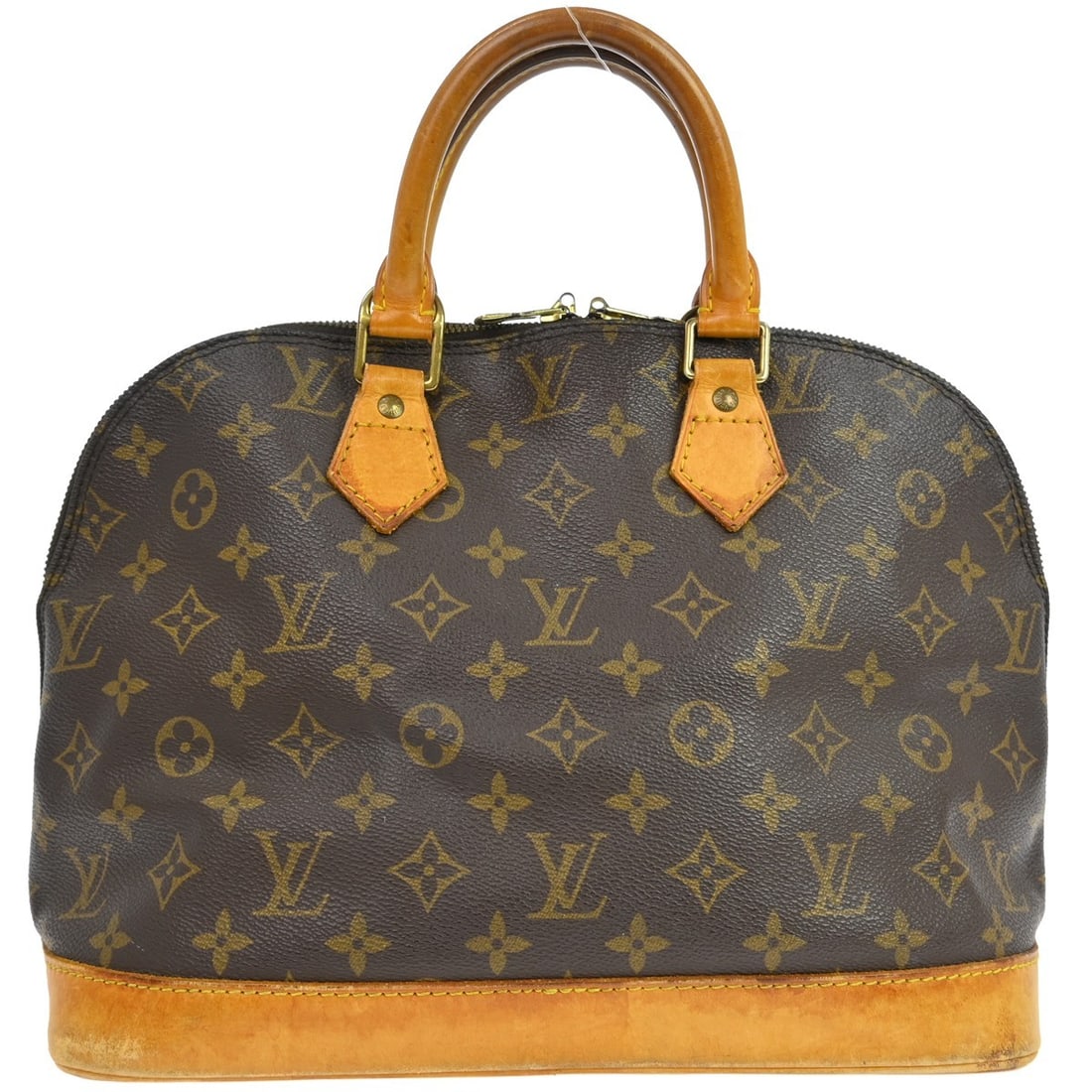 Louis Vuitton Alma Monogram Canvas Medium Handbag M51130 Brown: Louis Vuitton Alma Monogram Canvas Medium Handbag M51130 Brown This Louis Vuitton Alma handbag features the classic monogram canvas design with beige double handles and a zip closure. The medium-sized