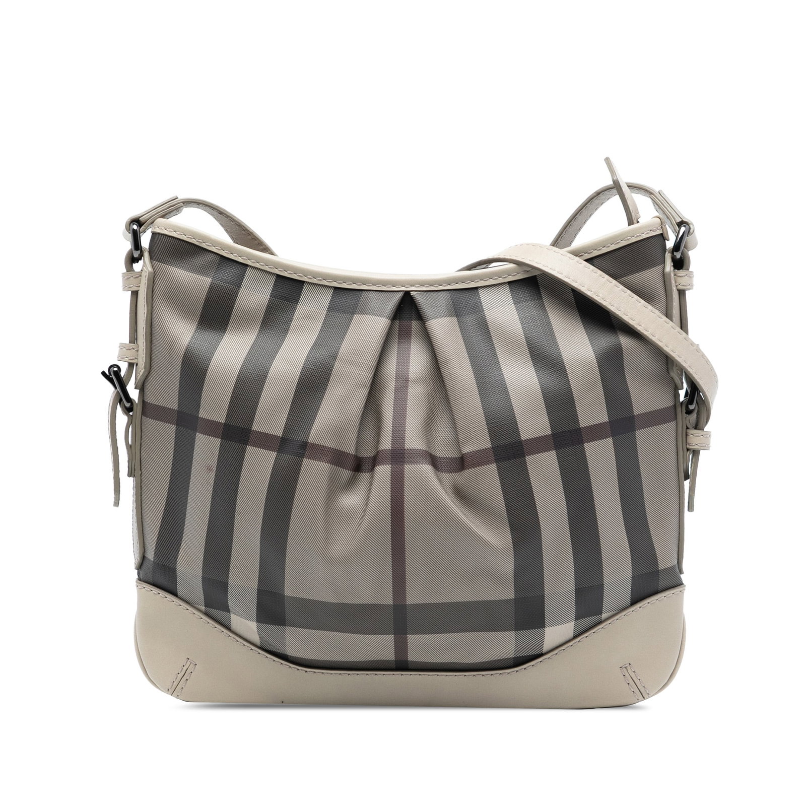 Burberry Hartham Crossbody Bag in Smoke Check Coated Canvas: Burberry Hartham Crossbody Bag in Smoke Check Coated Canvas This Burberry Hartham crossbody bag features a smoke check coated canvas body with leather trim, an adjustable flat leather strap, a top zip
