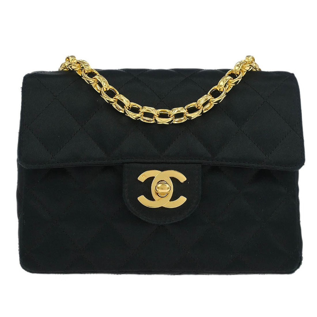 Chanel Black Satin Mini Classic Flap Shoulder Bag 7x5x2: Chanel Black Satin Mini Classic Flap Shoulder Bag 7x5x2 This exquisite Chanel Black Satin Mini Classic Square Flap Shoulder Bag is a stylish accessory perfect for casual occasions. The bag features a 