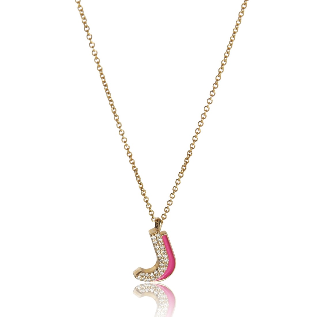 Fuchsia Enamel J Pendant in 14K Yellow Gold with Diamonds: Fuchsia Enamel J Pendant in 14K Yellow Gold with Diamonds This women's pendant features a round brilliant design crafted in 14K yellow gold, accented with white diamonds totaling 0.11 carat and a fuch