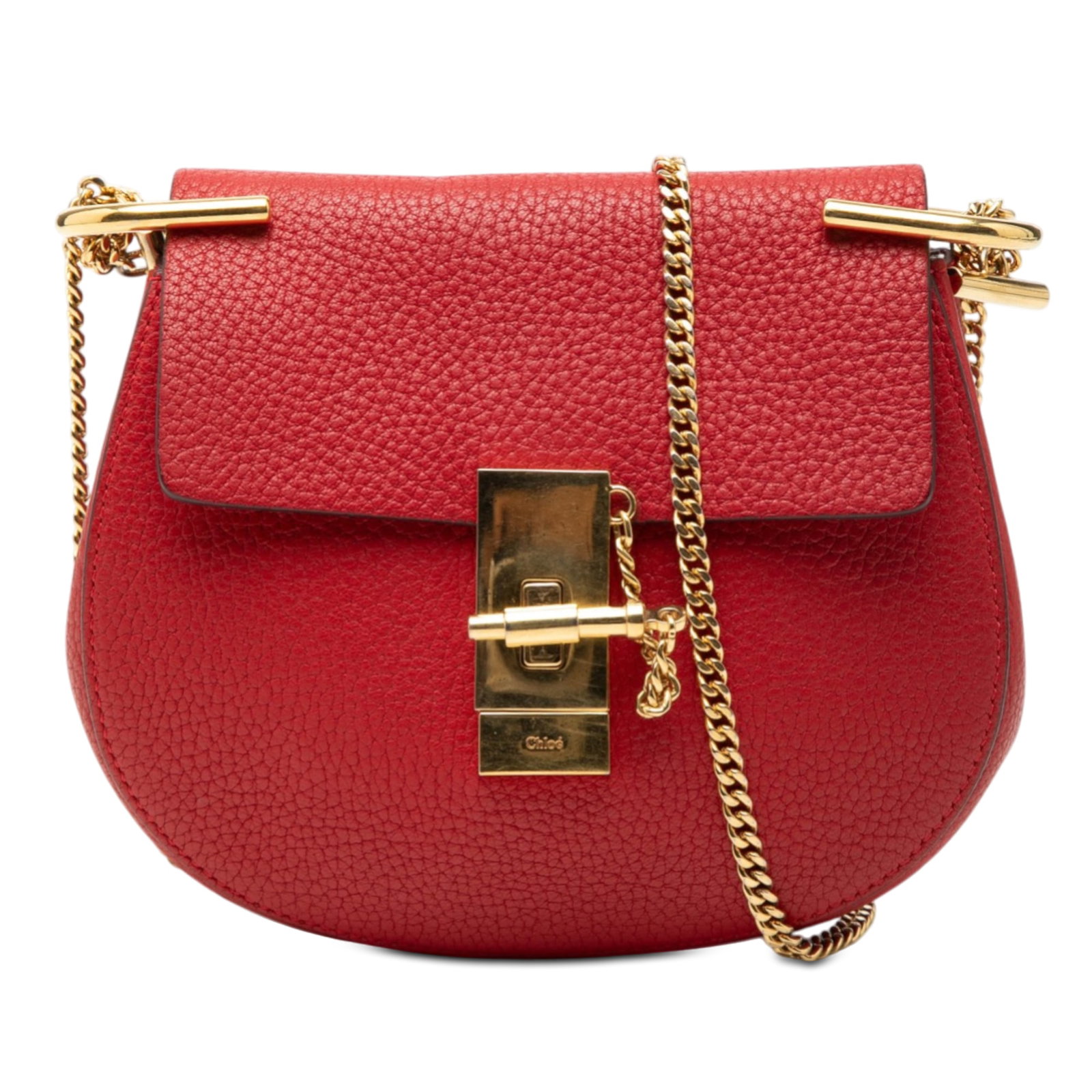 Mini Drew Crossbody Bag in Red Leather by Chloe: Mini Drew Crossbody Bag in Red Leather by Chloe This Chloe Mini Leather Drew Crossbody features a red leather body with a chain-link strap, a top flap secured by a pin-lock closure, and an interior sl