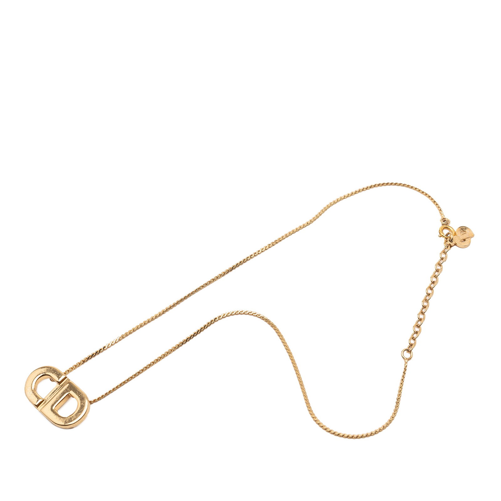 Dior Metal Necklace with Gold Tone CD Logo Pendant: Dior Metal Necklace with Gold Tone CD Logo Pendant This Dior necklace features a gold-tone metal body with a CD logo pendant and a spring ring closure. The item shows signs of wear, including rust or 