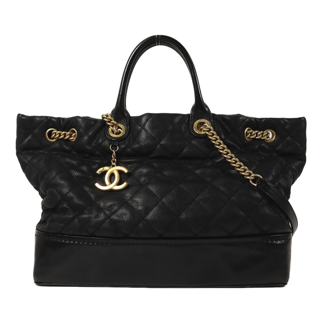 Black Calfskin Leather CHANEL 2 Way Shoulder Bag with Gold Hardware: Black Calfskin Leather CHANEL 2 Way Shoulder Bag with Gold Hardware This CHANEL 2-way shoulder bag is crafted from black calfskin leather and features the iconic CC logo. Designed for women, it offers