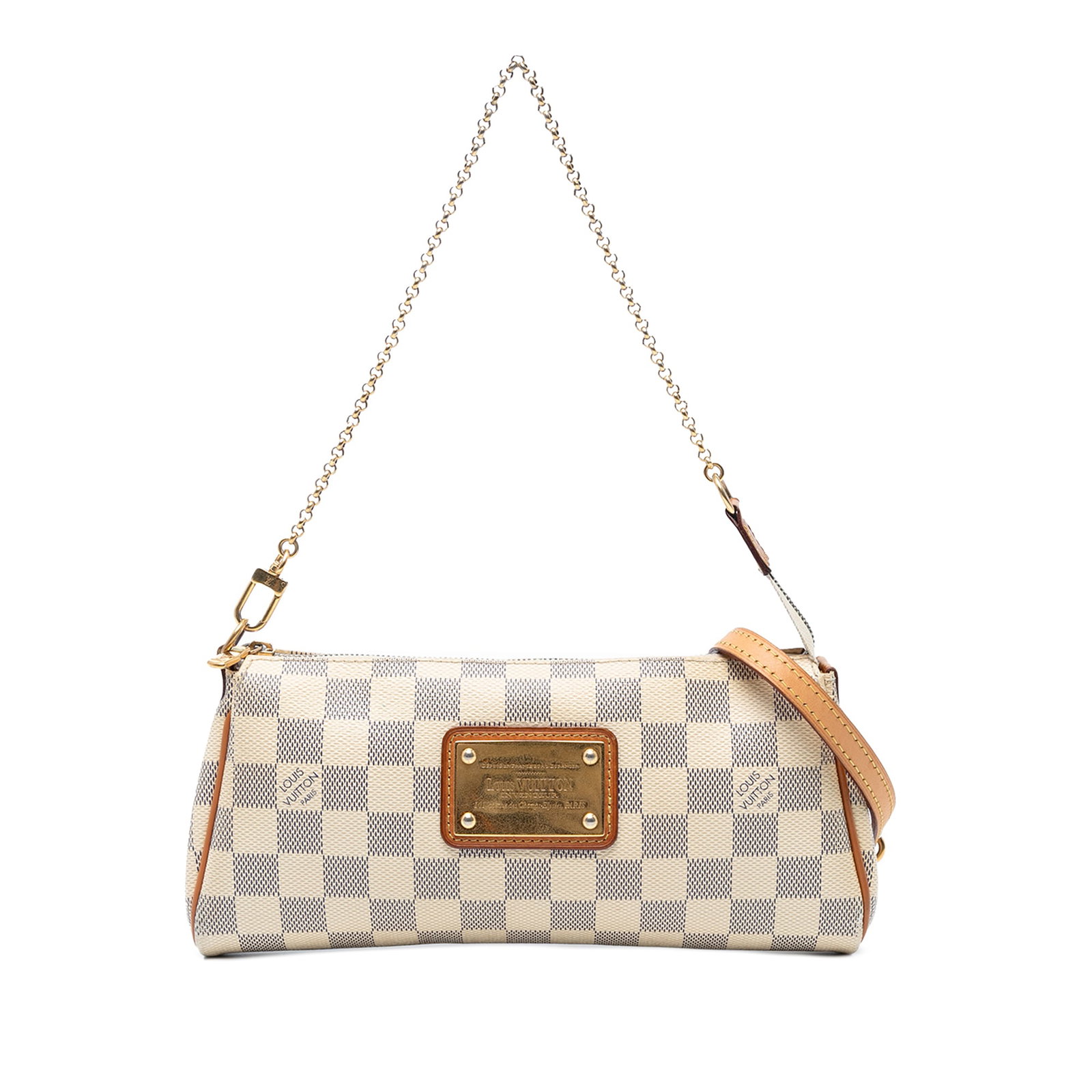 Louis Vuitton Damier Azur Eva Bag White Canvas with Gold-tone Chain: Louis Vuitton Damier Azur Eva Bag White Canvas with Gold-tone Chain Introducing the Louis Vuitton Damier Azur Eva, a chic and stylish handbag that embodies luxury and practicality. Crafted from signat