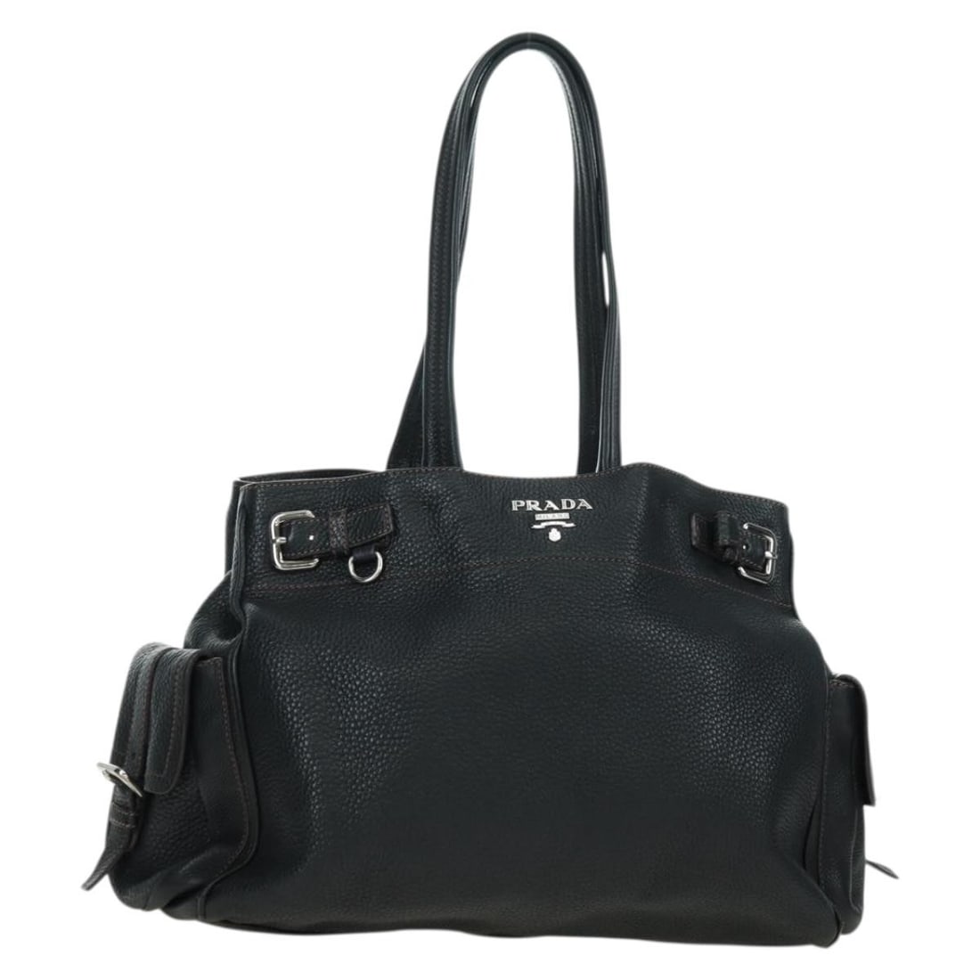 Prada black leather tote with dust bag Italy: Prada black leather tote with dust bag Italy This PRADA tote bag features a sleek black and silver leather exterior, offering a sophisticated and versatile design. Crafted in Italy, it is tailored for