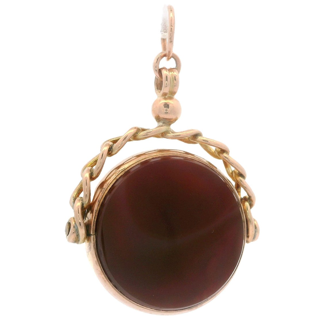Antique 9ct Rosy Yellow Gold 20mm Round Agate Fob Pendant: Antique 9ct Rosy Yellow Gold 20mm Round Agate Fob Pendant This exquisite antique pendant features a stunning natural round agate stone set in solid 9ct rosy yellow gold. The agate, measuring approxima