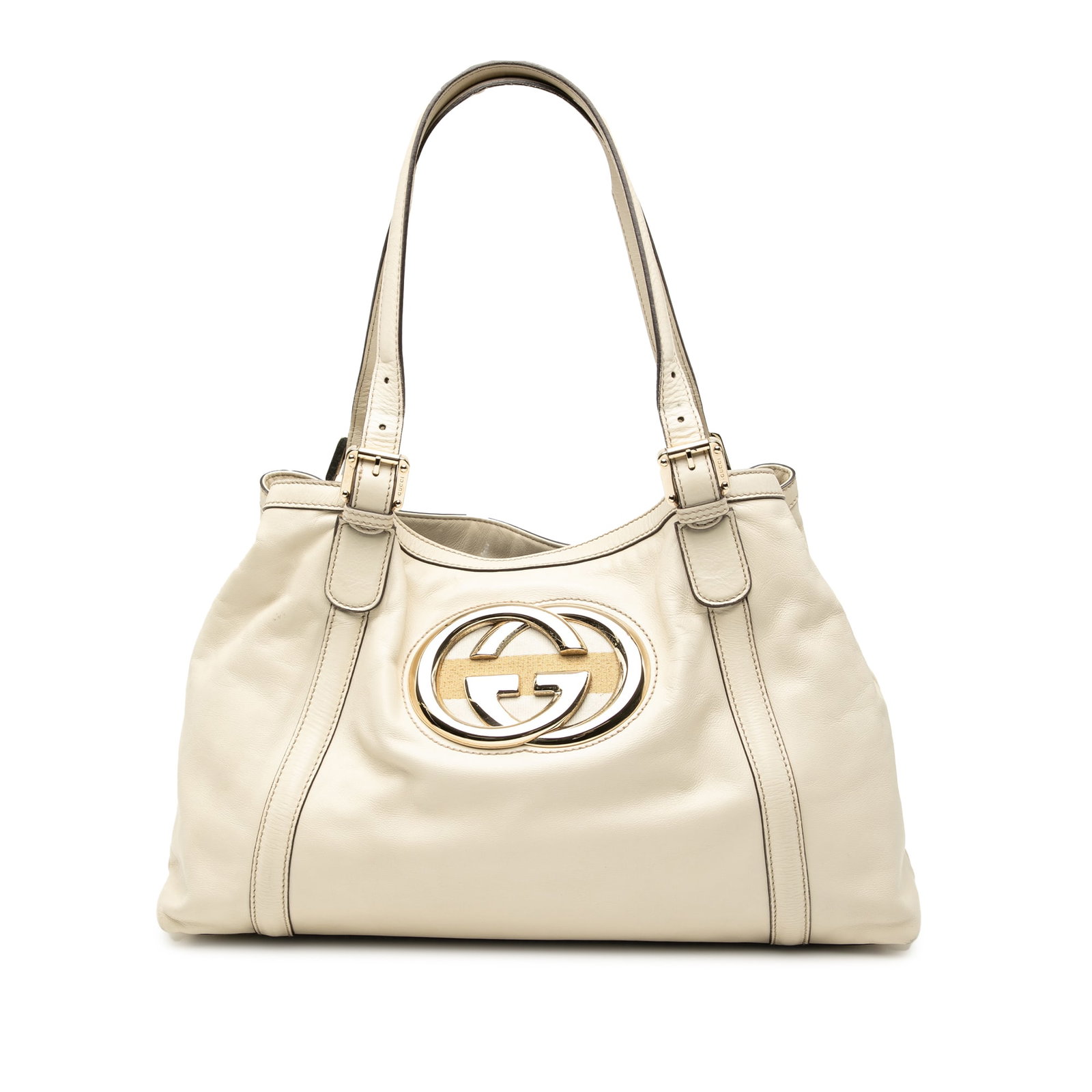 Gucci Britt Dialux Leather Tote Bag with Snap Closure: Gucci Britt Dialux Leather Tote Bag with Snap Closure This Gucci Leather Dialux Britt Tote features a white leather body with flat leather straps, an open top secured by a snap button strap closure, a
