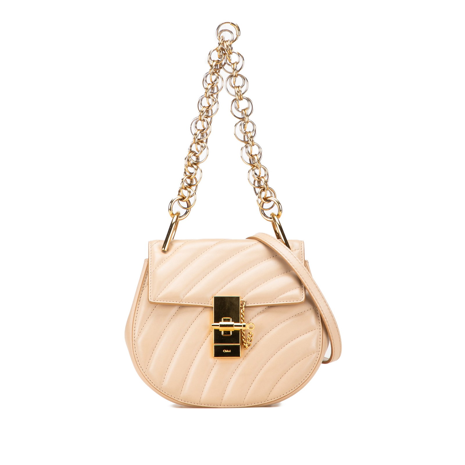 Chloe Mini Leather Drew Bijou Satchel Brown Quilted Chain Handle: Chloe Mini Leather Drew Bijou Satchel Brown Quilted Chain Handle The Chloe Mini Leather Drew Bijou Satchel is a stylish accessory crafted with a luxurious quilted leather body. It features a chain han