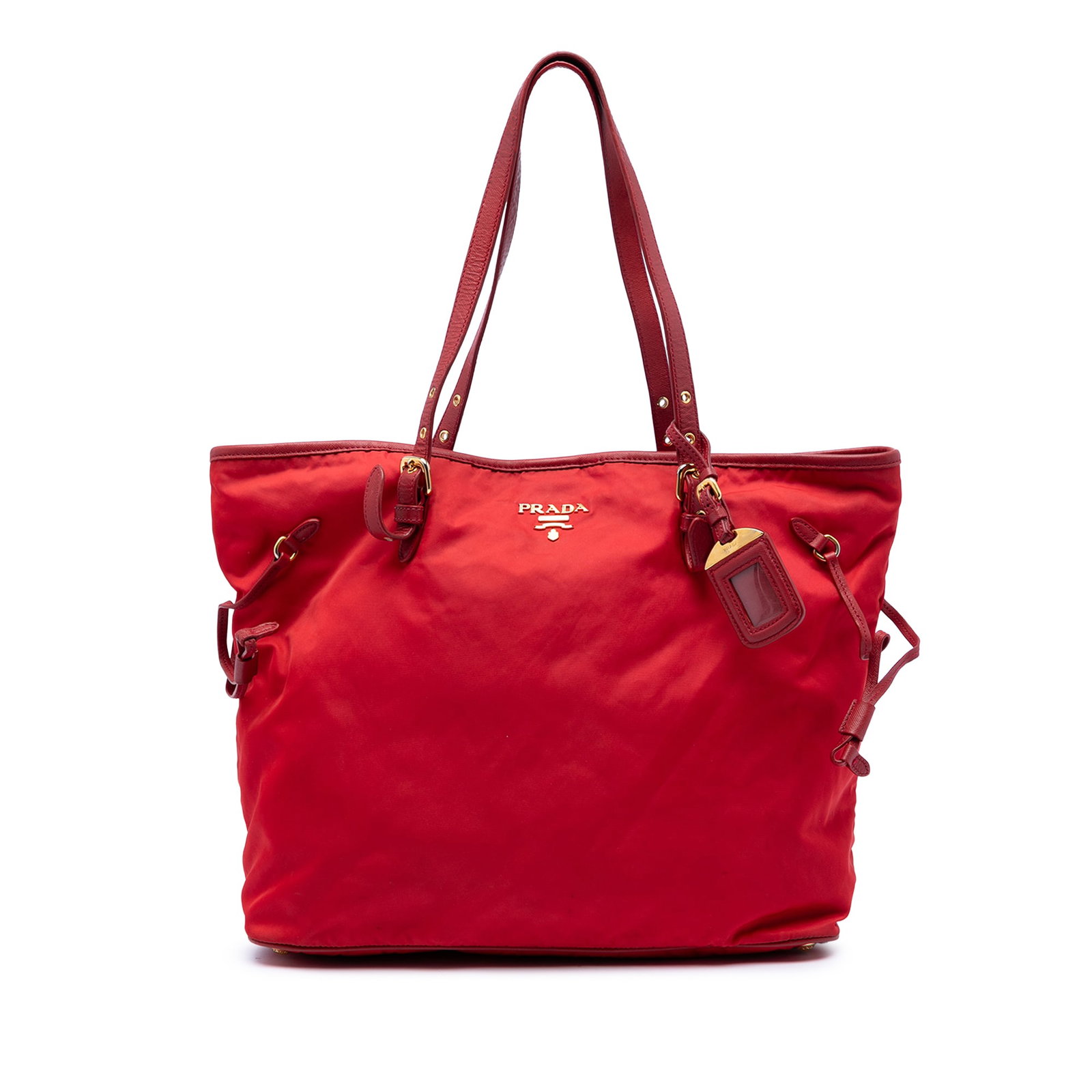 Prada Tessuto Red Tote with Saffiano Leather Trim and Drawstring Sides: Prada Tessuto Red Tote with Saffiano Leather Trim and Drawstring Sides This Prada Saffiano Trimmed Tessuto Tote features a red nylon body with saffiano leather trim, flat leather straps, an open top w