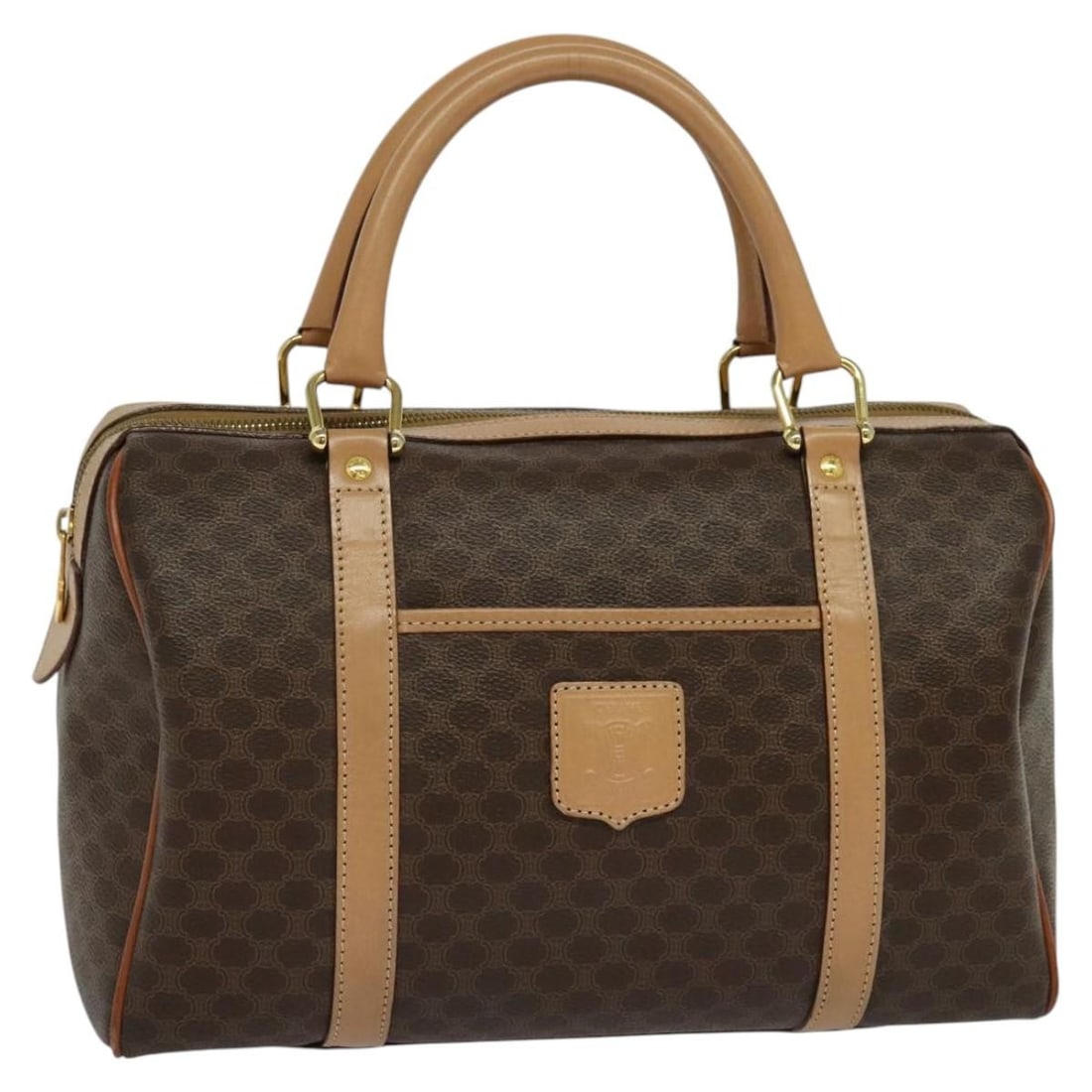 Celine Macadam Brown PVC Leather Top Handle Handbag Italy: Celine Macadam Brown PVC Leather Top Handle Handbag Italy This CELINE Macadam hand bag is crafted from brown PVC leather and Macadam canvas, designed for women. Featuring a top handle with an approxim