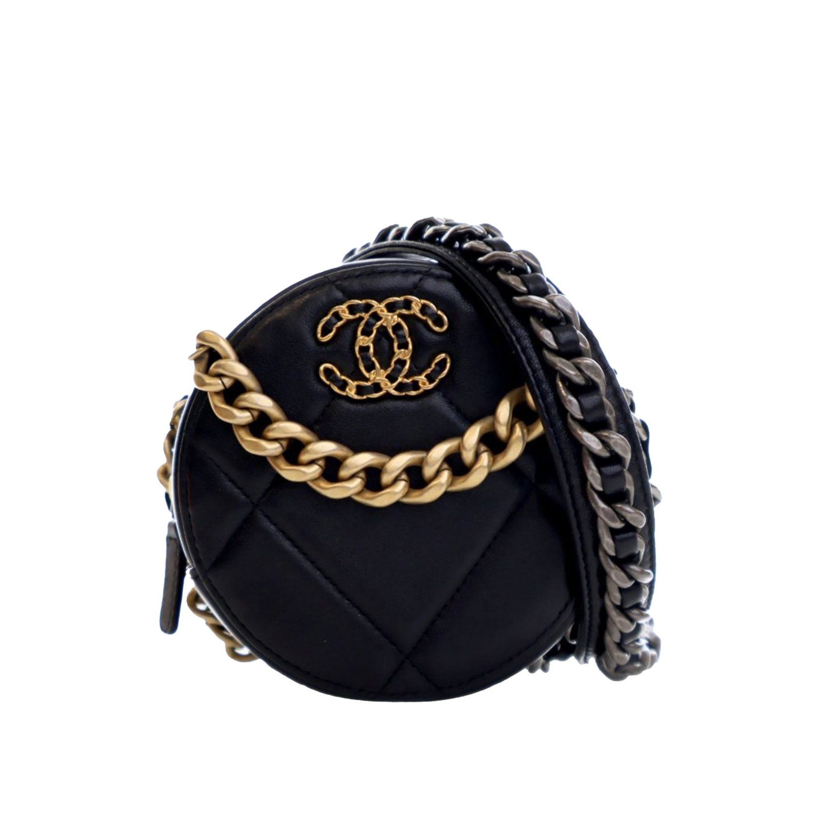 Black Chanel 19 Quilted Lambskin Round Chain Clutch Bag: Black Chanel 19 Quilted Lambskin Round Chain Clutch Bag This Chanel Lambskin 19 Round Clutch with Chain features a quilted lambskin leather exterior in black, complemented by a chain handle and a leat