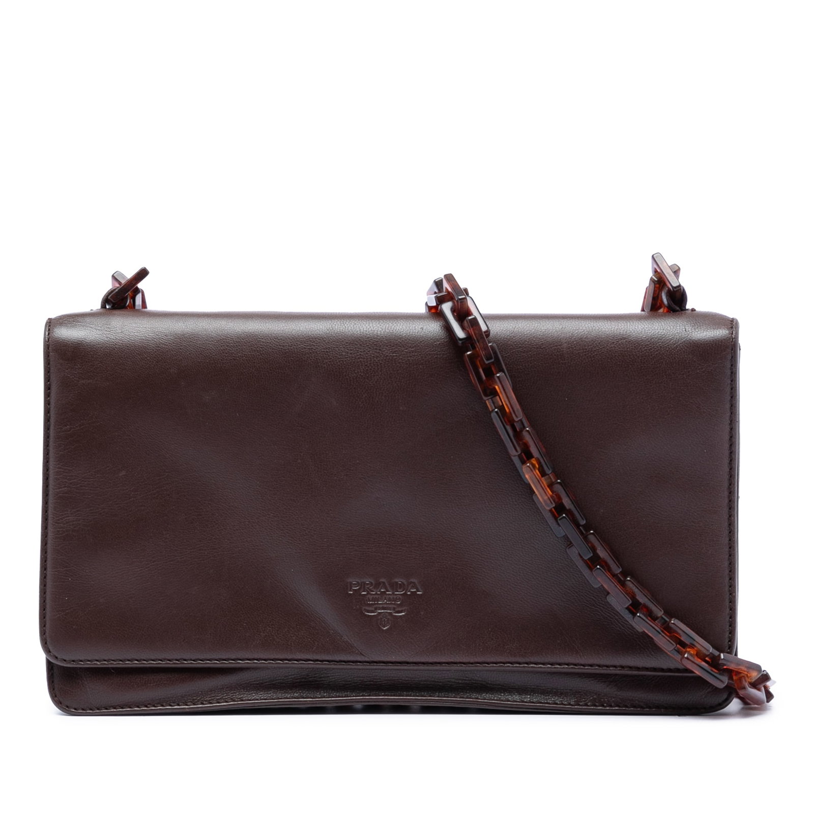 Prada Vitello City Brown Leather Crossbody Bag with Resin Chain Strap: Prada Vitello City Brown Leather Crossbody Bag with Resin Chain Strap This Prada Vitello City Resin Chain Crossbody bag features a brown leather body complemented by a resin chain link shoulder strap.