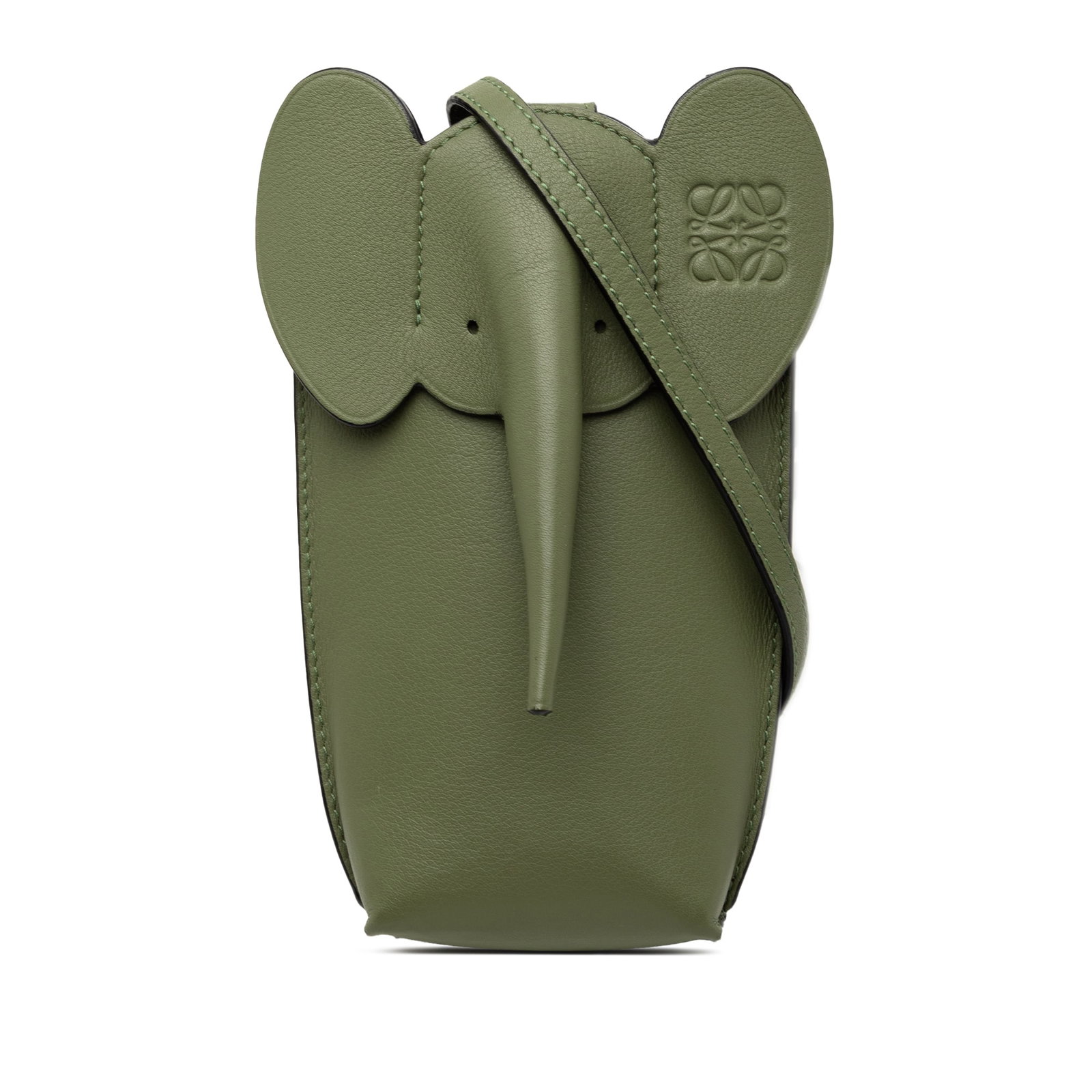 Loewe Elephant Pocket Green Leather Crossbody Bag: Loewe Elephant Pocket Green Leather Crossbody Bag This LOEWE Leather Elephant Pocket Crossbody bag showcases a playful elephant design in green leather. It features a flat shoulder strap, an open top 