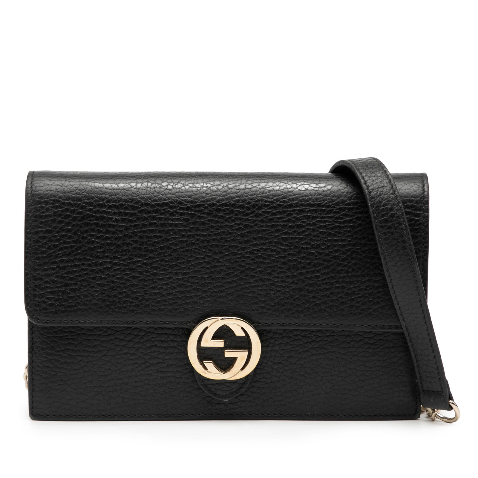 Black Leather Chain Wallet Gucci Interlocking G Dollar Model: Black Leather Chain Wallet Gucci Interlocking G Dollar Model This Gucci Interlocking G Dollar Wallet on Chain is crafted from black leather and features a chain strap with a leather guard, a flap with