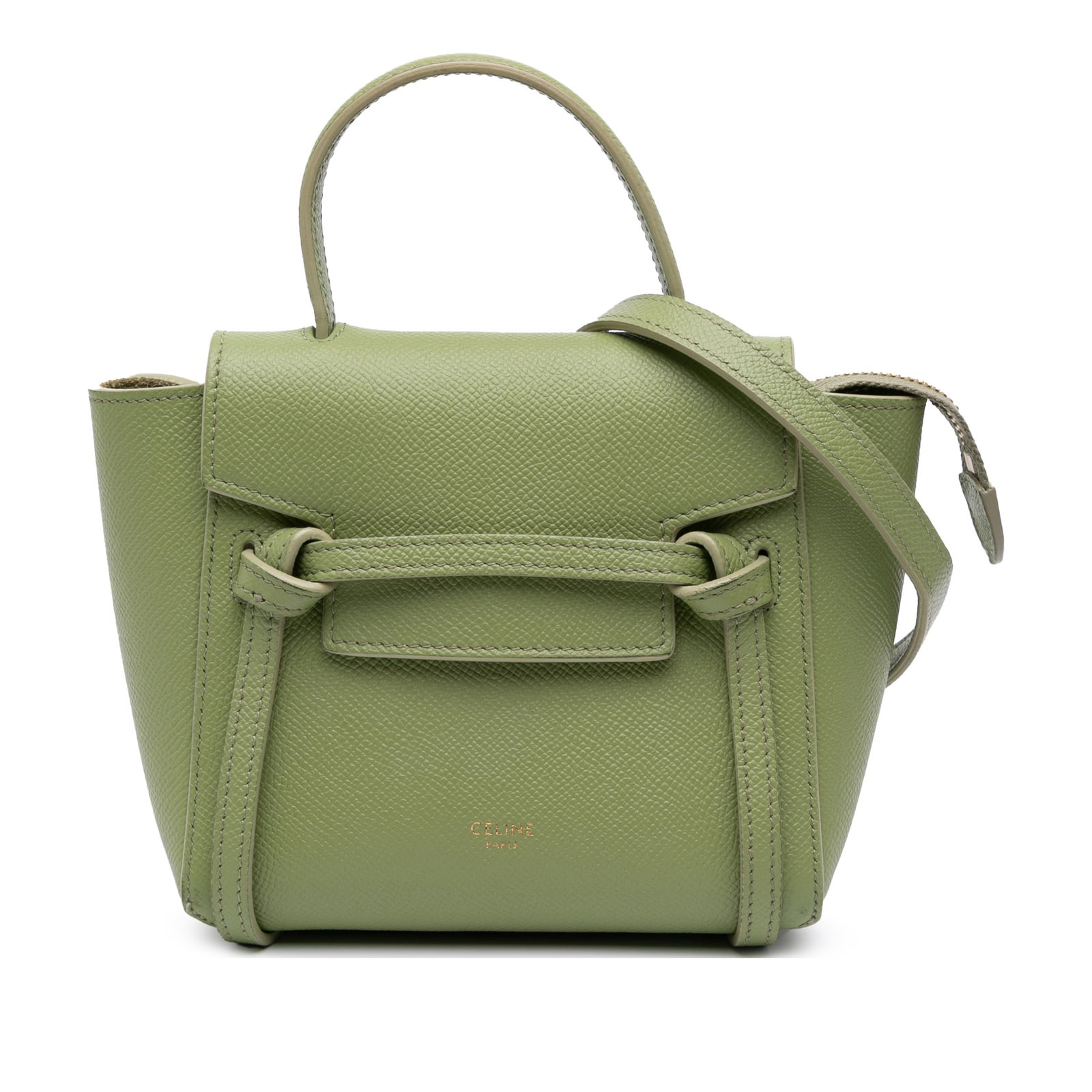 Celine Pico Green Grained Calfskin Belt Bag with Leather Strap: Celine Pico Green Grained Calfskin Belt Bag with Leather Strap Introducing the Celine Pico Grained Calfskin Belt Bag, a stylish accessory crafted from premium leather. This bag features a flat leather