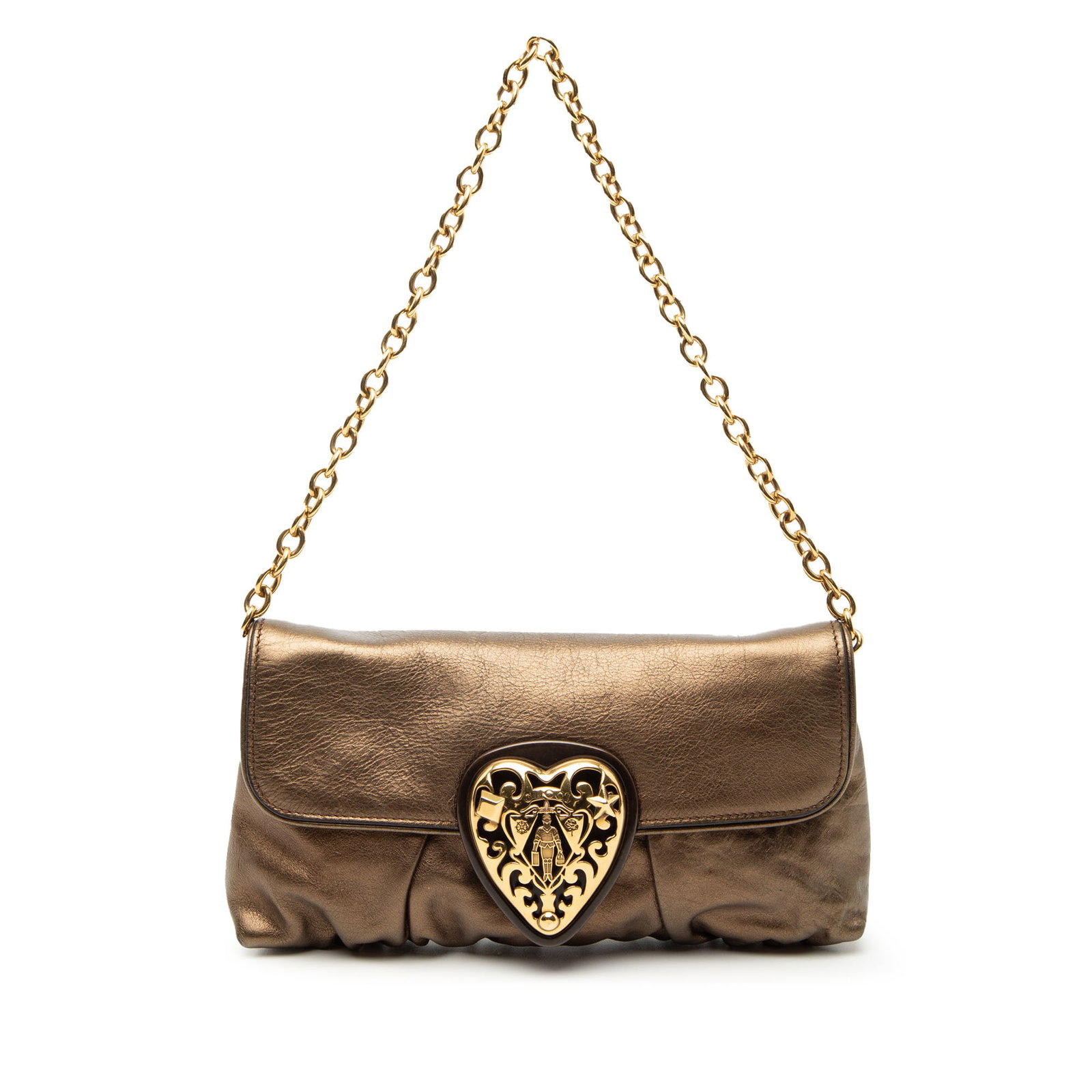 Gucci Hysteria Brown Metallic Leather Chain Strap Shoulder Bag: Gucci Hysteria Brown Metallic Leather Chain Strap Shoulder Bag This Gucci Hysteria shoulder bag is crafted from metallic calfskin leather and features a chain shoulder strap, a front flap with magneti