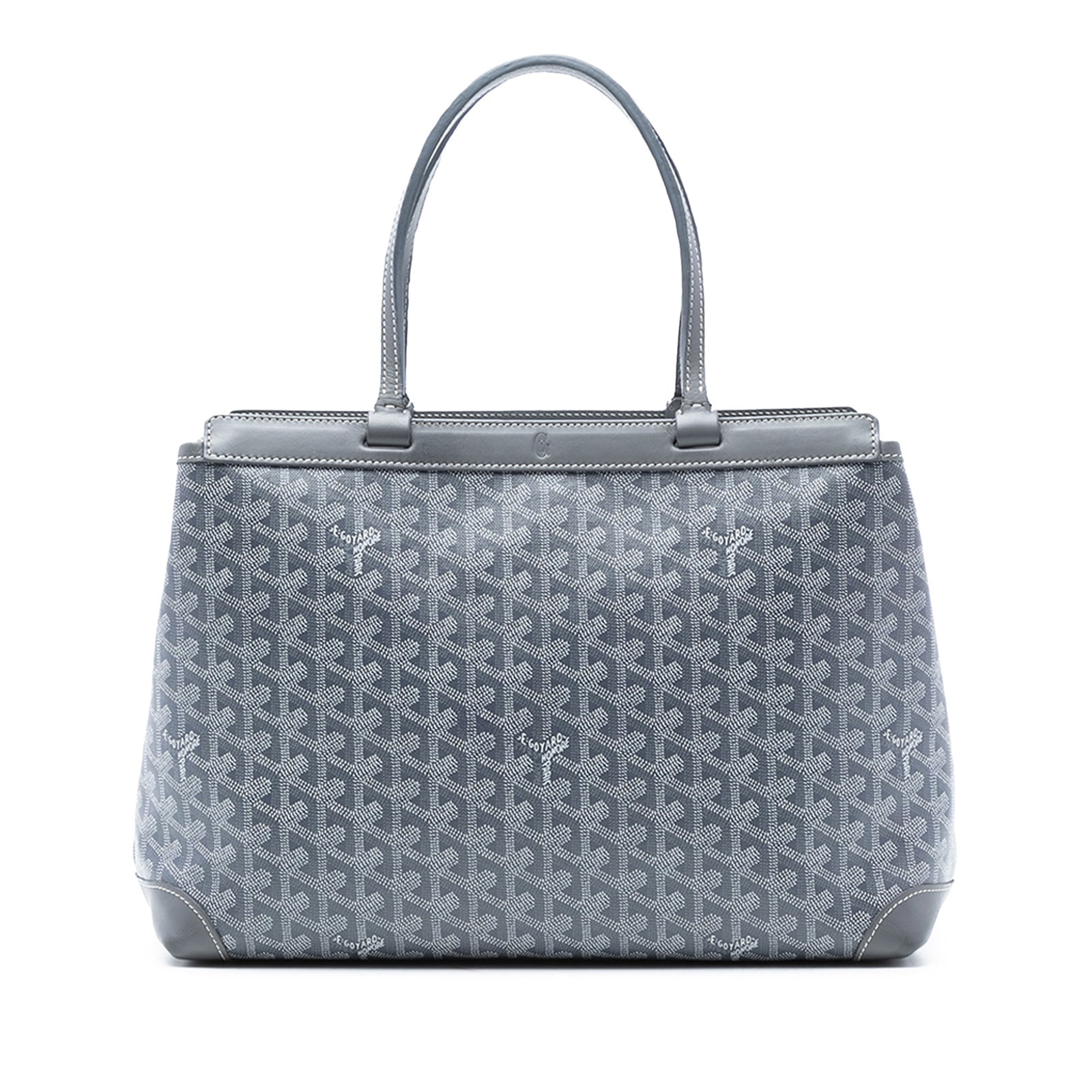 Goyard Bellechasse PM Gray Tote with Repainted Front Panel: Goyard Bellechasse PM Gray Tote with Repainted Front Panel The Bellechasse PM features a coated canvas body with leather trim, flat leather straps, an open top design, and an interior slip pocket. The