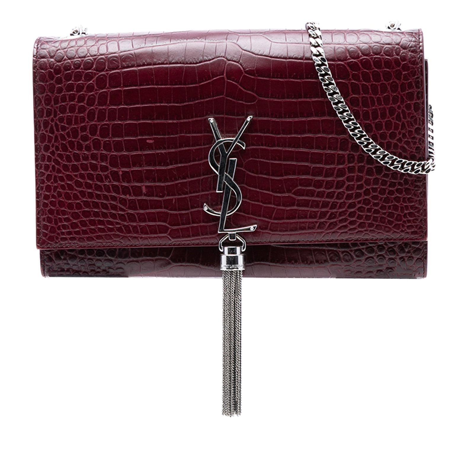 Saint Laurent Kate Croc Effect Medium Red Leather Bag with Tassel: Saint Laurent Kate Croc Effect Medium Red Leather Bag with Tassel This Saint Laurent Medium Croc Embossed Leather Monogram Kate Tassel Crossbody features a red embossed leather exterior with a tassel 