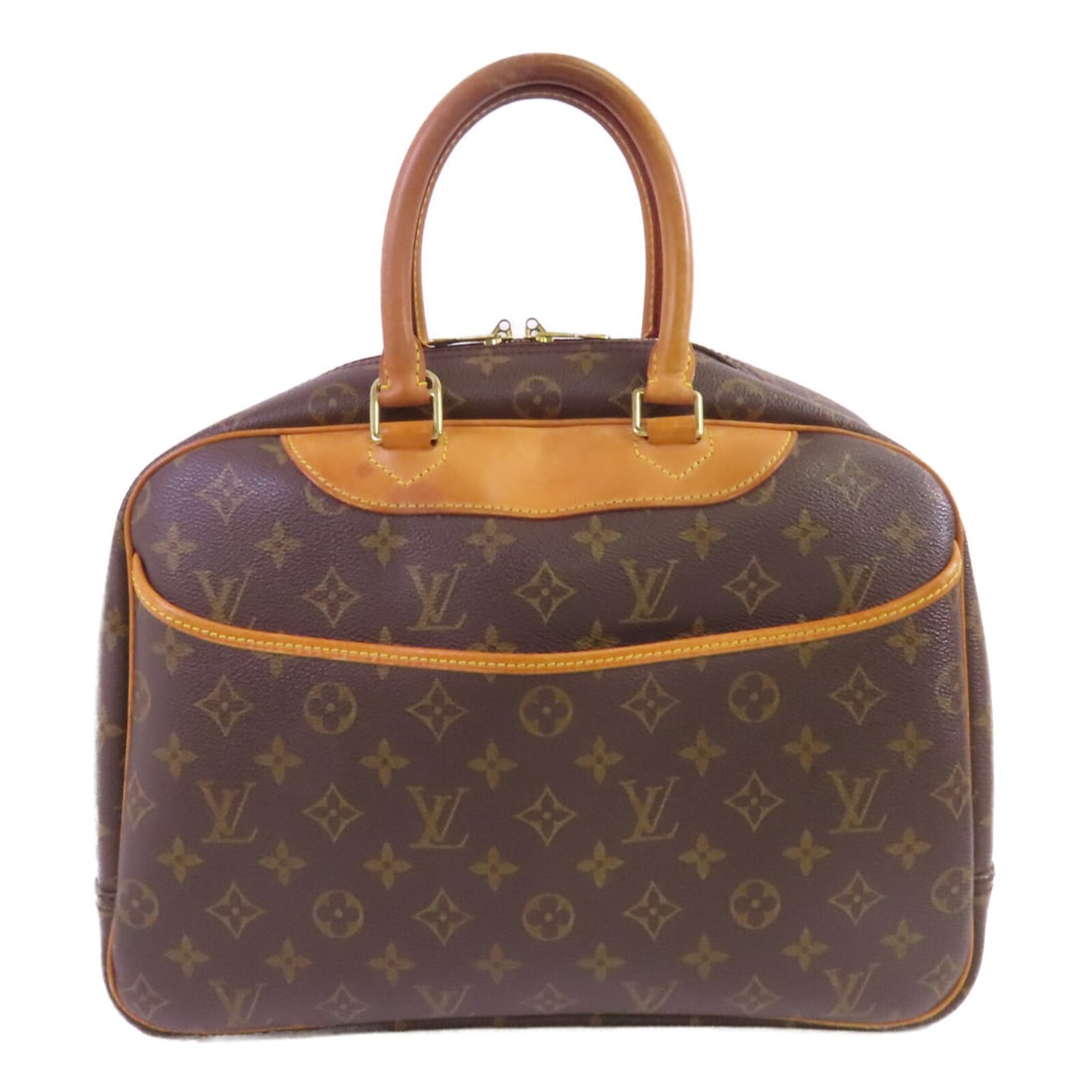 Louis Vuitton Deauville Monogram Canvas Brown Handbag with Gold Hardware: Louis Vuitton Deauville Monogram Canvas Brown Handbag with Gold Hardware This Louis Vuitton Deauville handbag features the iconic monogram design in brown PVC coated canvas. The bag offers a classic h