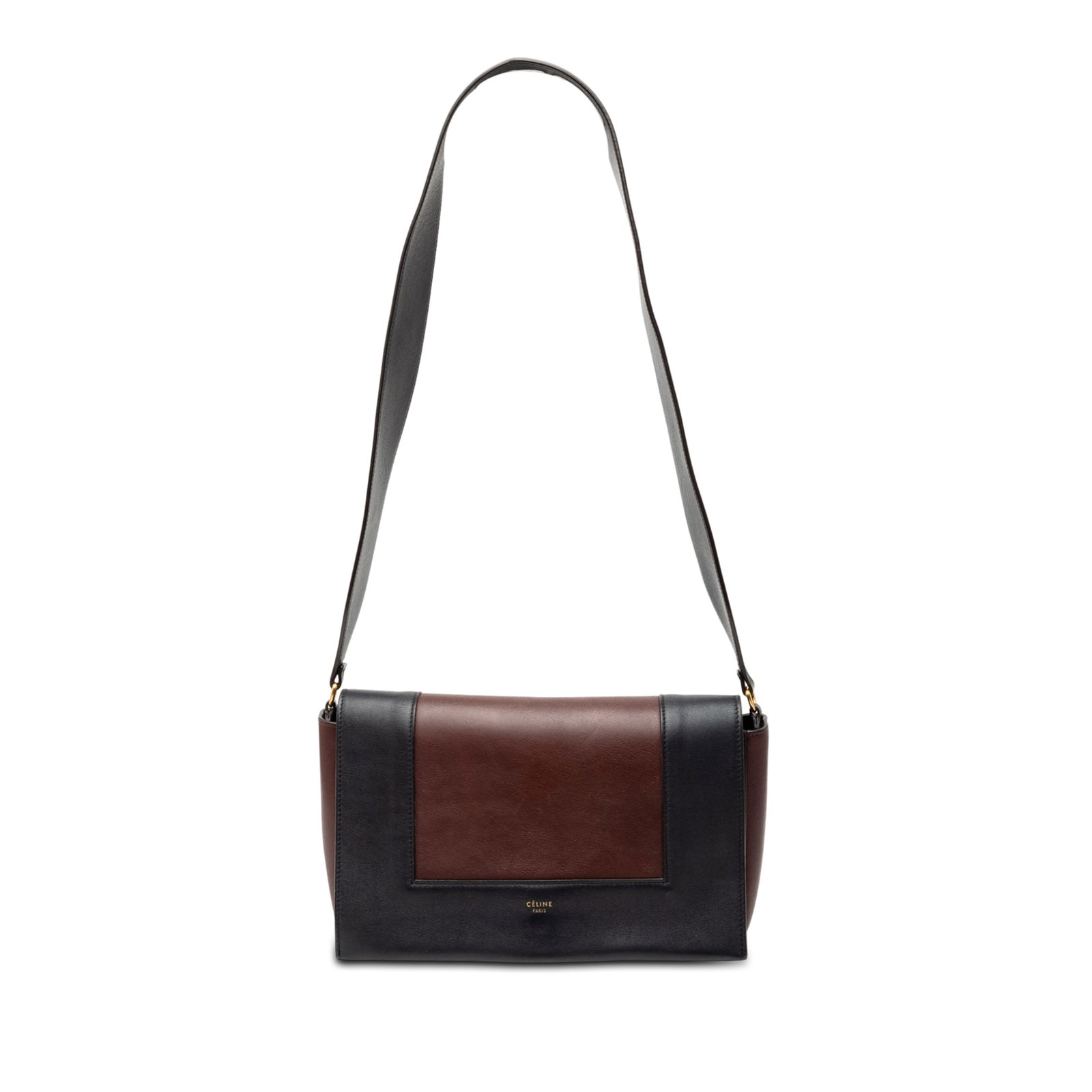 Celine Frame Black Leather Medium Shoulder Bag with Flap Closure: Celine Frame Black Leather Medium Shoulder Bag with Flap Closure This Celine Medium Shiny Smooth Calfskin Frame Shoulder Bag features a sleek leather body with a flat leather shoulder strap, a front f