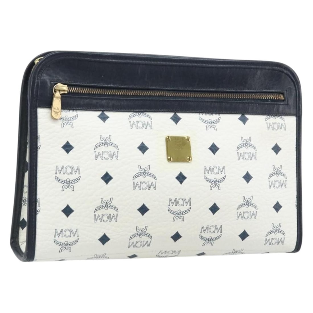 MCM White Gold Logogram PVC Leather Women's Clutch Purse Germany: MCM White Gold Logogram PVC Leather Women's Clutch Purse Germany This MCM Logogram Vicetos clutch bag features a white and gold PVC leather exterior, offering a stylish accessory for women. Made in Ge