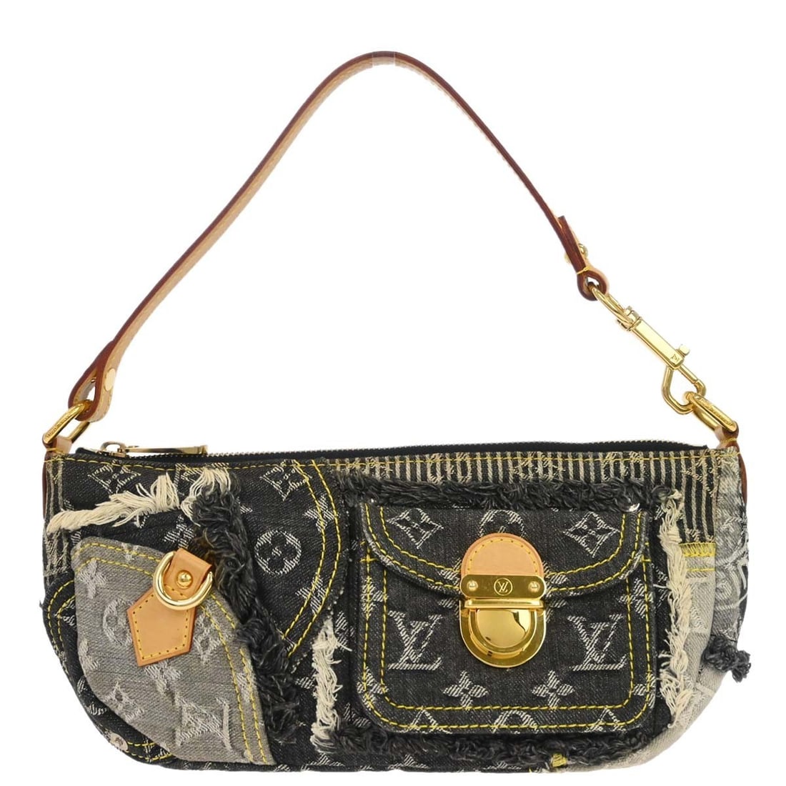 Louis Vuitton Pouchy Gray Monogram Denim Patchwork Handbag: Louis Vuitton Pouchy Gray Monogram Denim Patchwork Handbag This Louis Vuitton Monogram Denim Patchwork Pouchy Handbag features a gray denim exterior with the iconic monogram pattern and logo accents. 