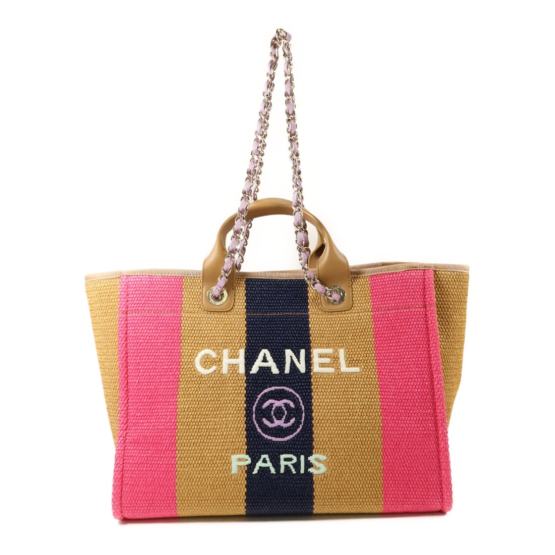 Chanel Deauville Multicolor Raffia Tote Bag with CC Logo and Gold Hardware: Chanel Deauville Multicolor Raffia Tote Bag with CC Logo and Gold Hardware This Chanel Deauville tote bag features a striped straw raffia exterior in a multicolor design. It is crafted in France and d