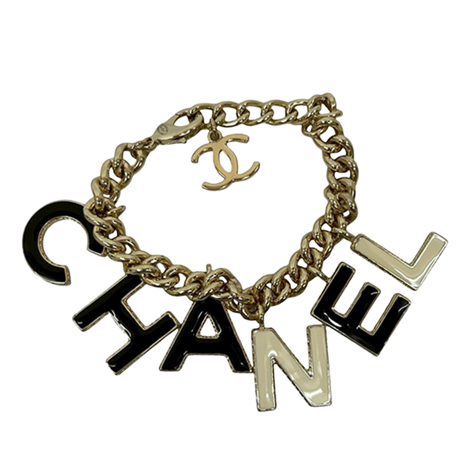 Chanel Chain Bracelet with Gold Plated Lacquered Logo Letter Charms (1 of 8)