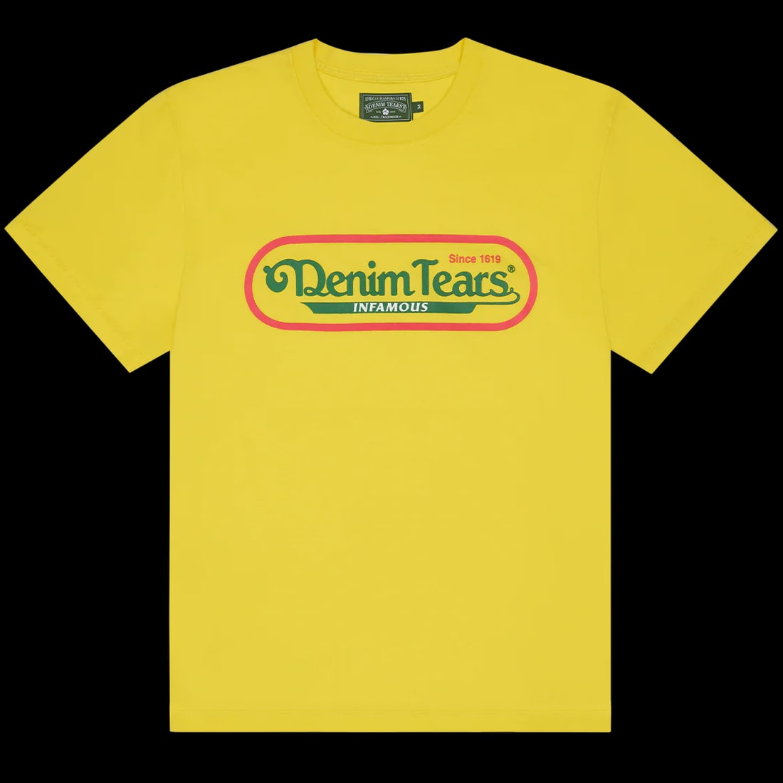 Yellow Cotton T-Shirt by Denim Tears Featuring Iconic Logo Size Small: Yellow Cotton T-Shirt by Denim Tears Featuring Iconic Logo Size Small The Denim Tears Infamous Yellow Tee is crafted from premium cotton and features a vibrant yellow color with the iconic Denim Tears