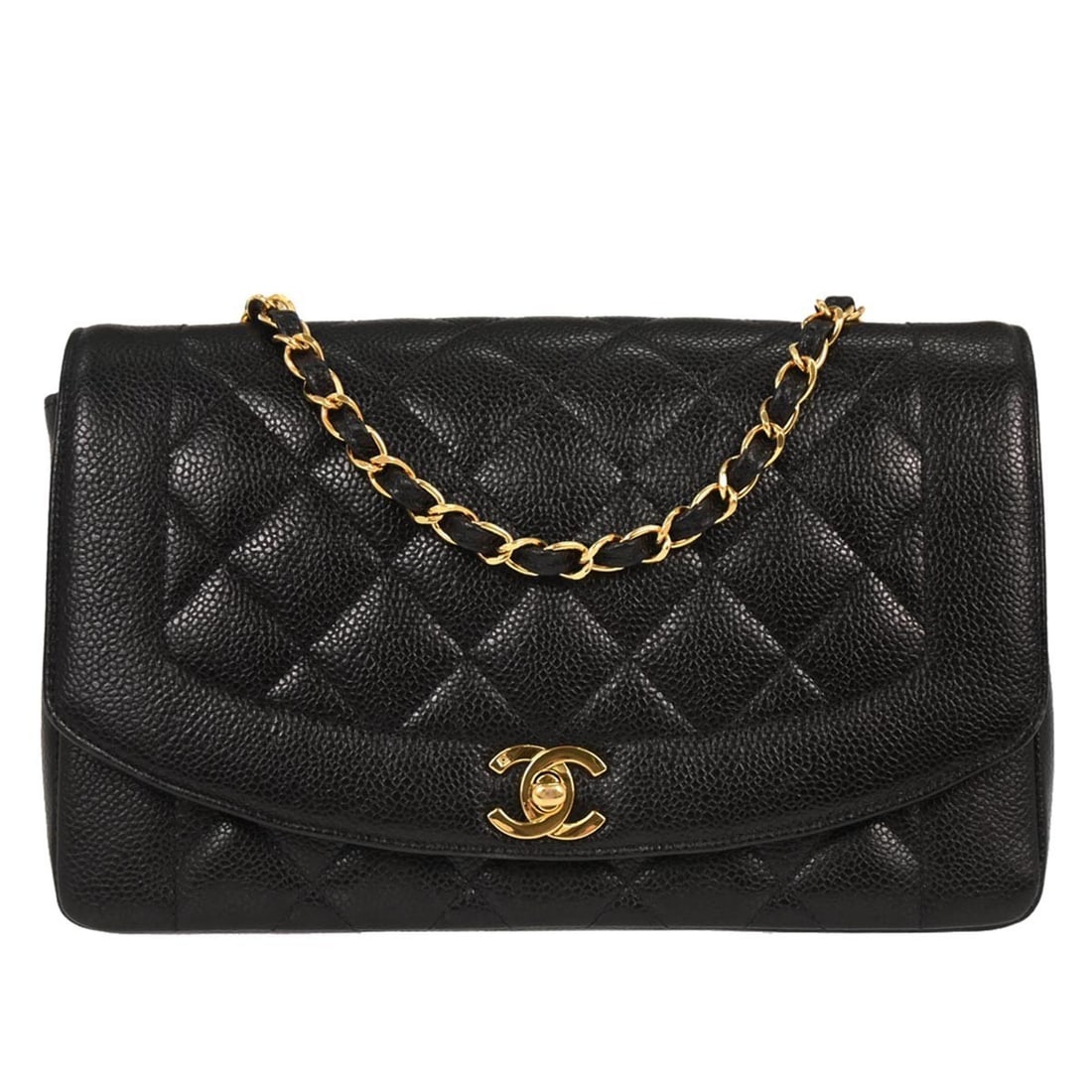 Black Quilted Calfskin Medium Diana Shoulder Bag by Chanel: Black Quilted Calfskin Medium Diana Shoulder Bag by Chanel This Chanel Diana shoulder bag is crafted from black quilted calfskin leather and features a medium-sized silhouette with a classic flap turn