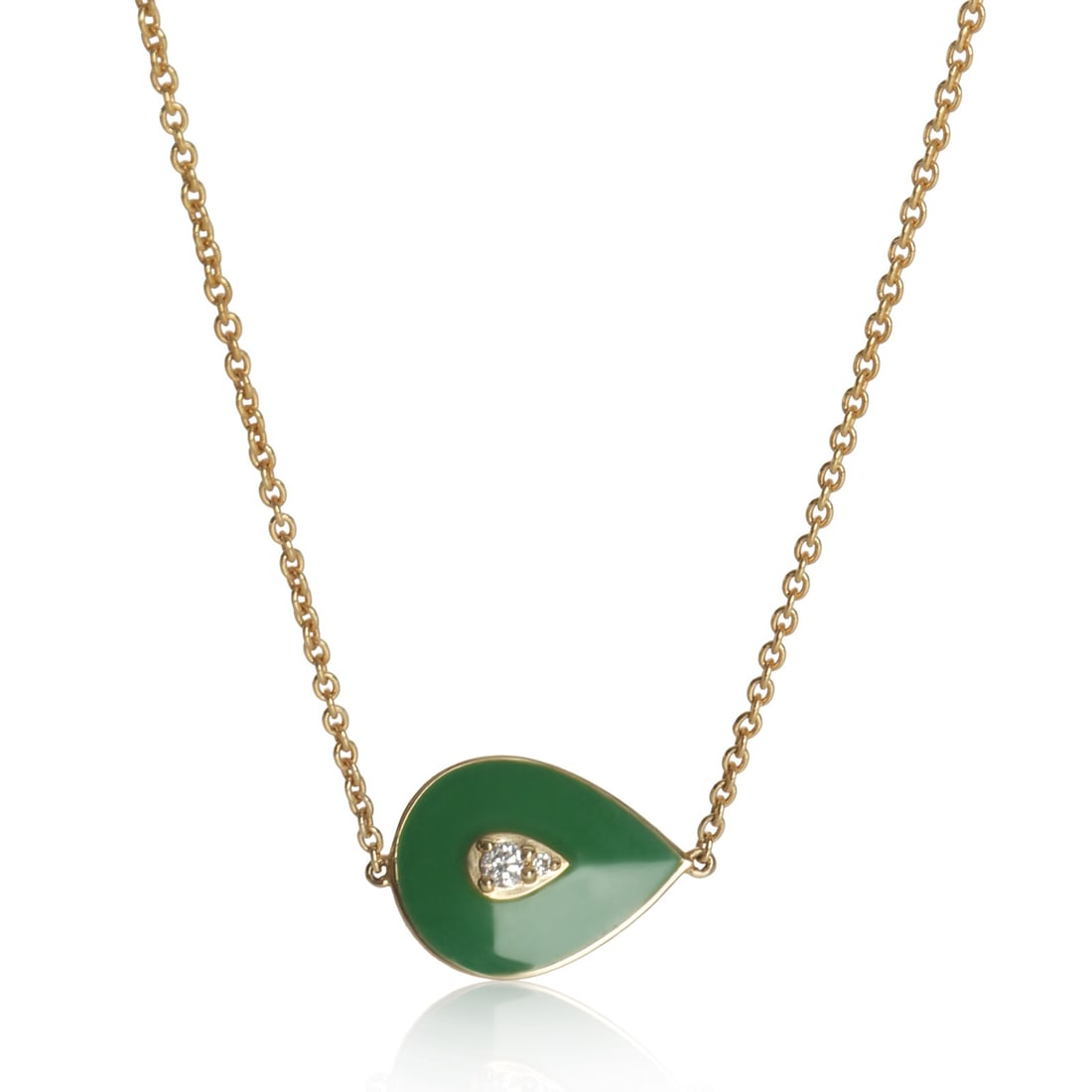 14K Yellow Gold Round Diamond Green Enamel Pendant: 14K Yellow Gold Round Diamond Green Enamel Pendant This exquisite round brilliant pendant features a stunning combination of a white diamond set in vibrant green enamel, all crafted from high-quality 