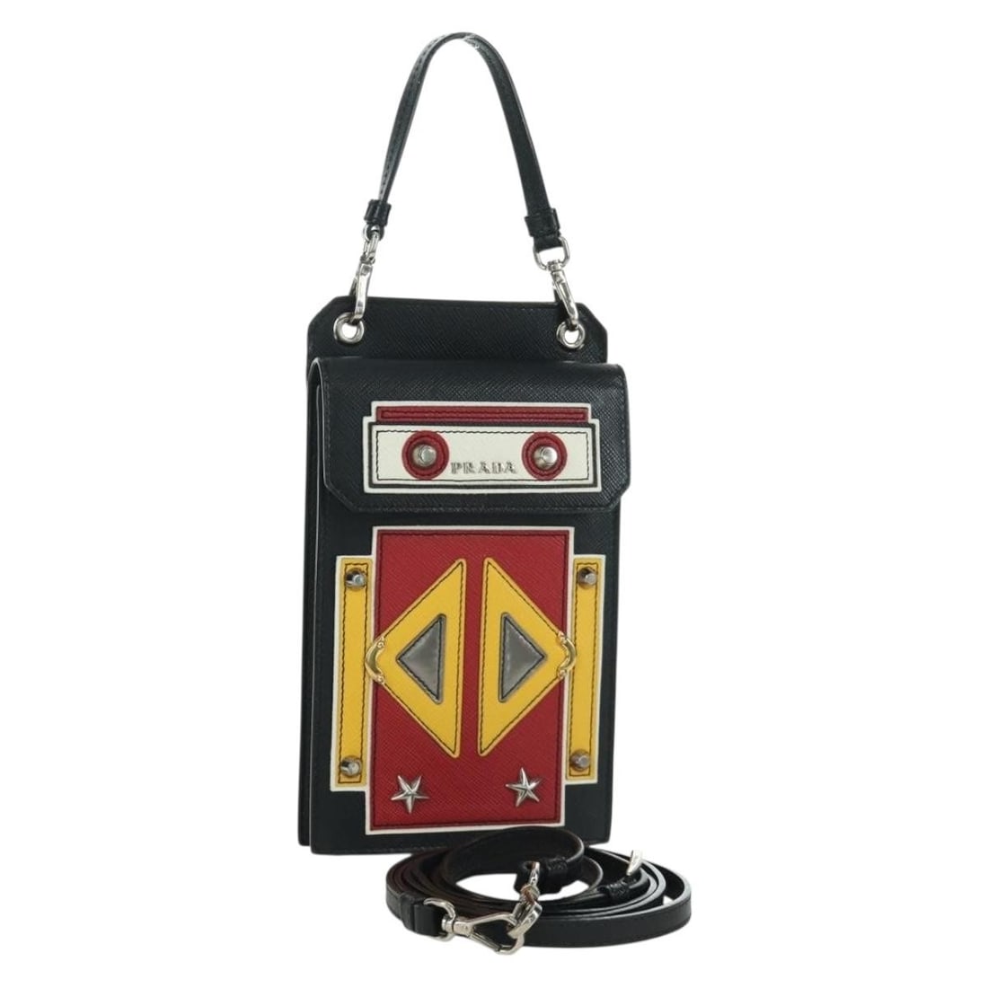 Prada Saffiano Leather Robot 2way Shoulder Bag Black Silver: Prada Saffiano Leather Robot 2way Shoulder Bag Black Silver This PRADA Robot shoulder bag is crafted from black Saffiano leather with silver-tone accents. Designed for women, the bag features a struct