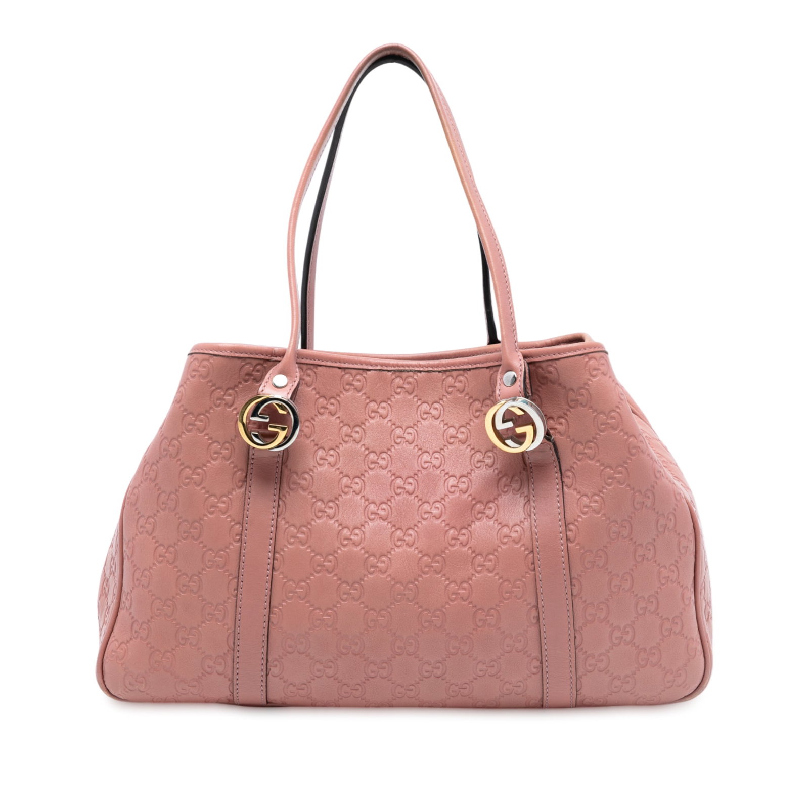 Gucci Guccissima Twins Pink Leather Tote Bag with Embossed Design: Gucci Guccissima Twins Pink Leather Tote Bag with Embossed Design This Gucci Guccissima Twins Tote features an embossed leather body in pink, flat leather handles, an open top, and interior zip and sl