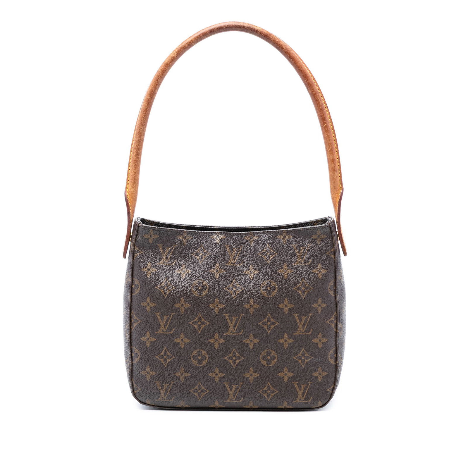 Louis Vuitton Looping MM Shoulder Bag in Monogram Canvas with Leather Strap: Louis Vuitton Looping MM Shoulder Bag in Monogram Canvas with Leather Strap The Louis Vuitton Monogram Looping MM features a monogram canvas body complemented by a rolled vachetta leather shoulder str