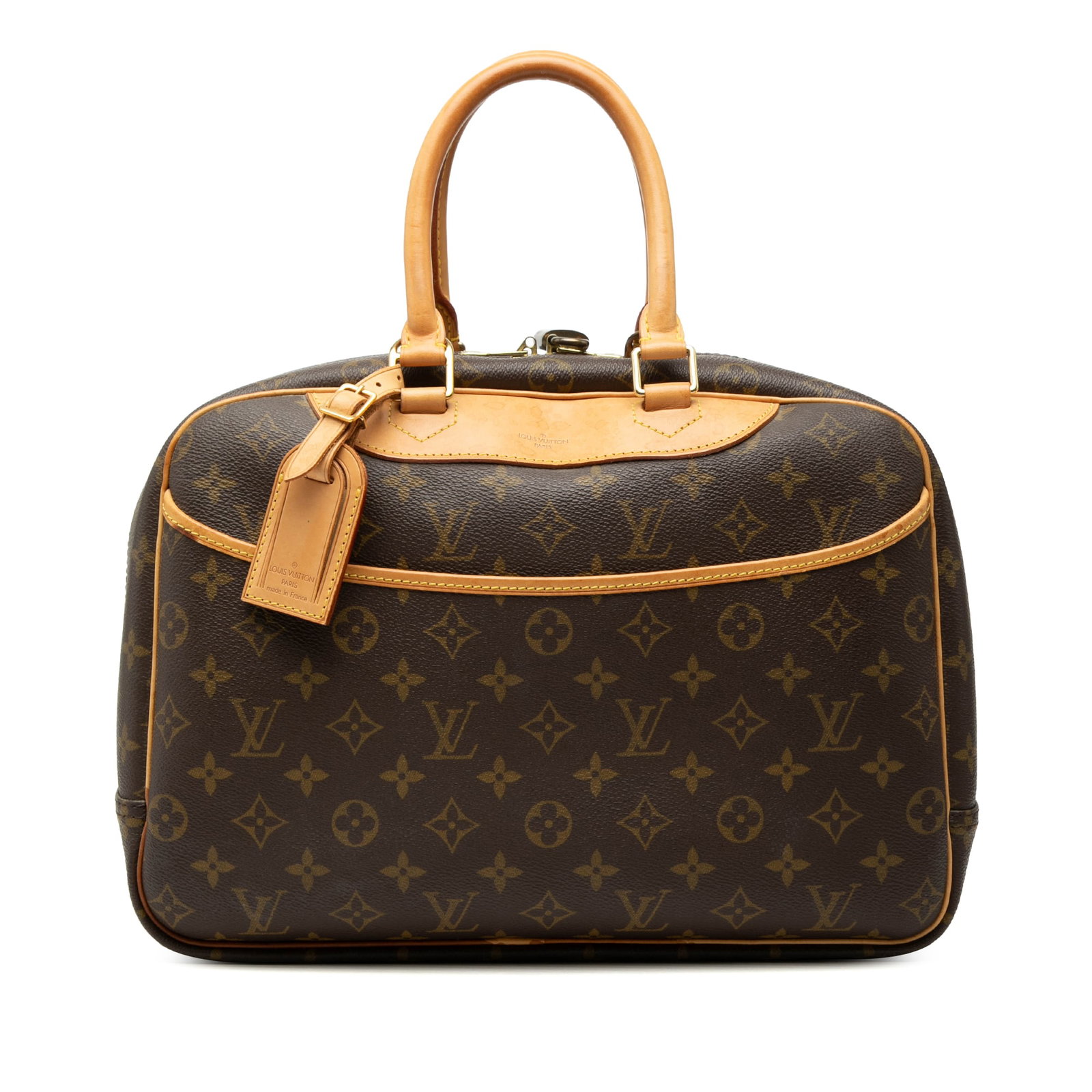 Louis Vuitton Deauville Monogram Canvas Handbag with Leather Trim: Louis Vuitton Deauville Monogram Canvas Handbag with Leather Trim The Louis Vuitton Monogram Deauville is a classic bag crafted from monogram canvas with vachetta leather trim and rolled vachetta leat