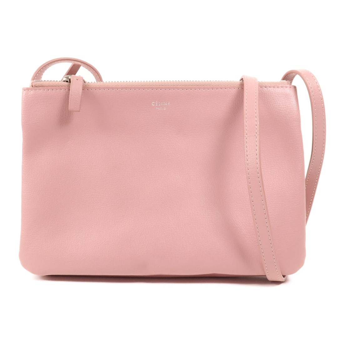 CELINE Trio Pink Lambskin Leather Shoulder Bag: CELINE Trio Pink Lambskin Leather Shoulder Bag This elegant CELINE shoulder bag showcases the luxurious appeal of lambskin leather in a beautiful shade of pink. Its sleek design is both functional and