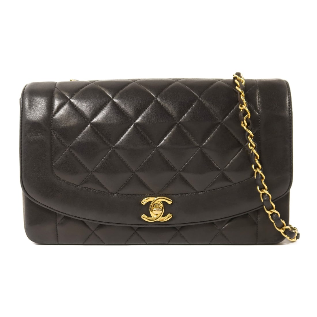 Black Lambskin Diana Shoulder Bag with CC Gold Hardware by CHANEL: Black Lambskin Diana Shoulder Bag with CC Gold Hardware by CHANEL This CHANEL Diana chain shoulder bag features black lambskin leather with a classic CC accent. Designed for women, it has a structured