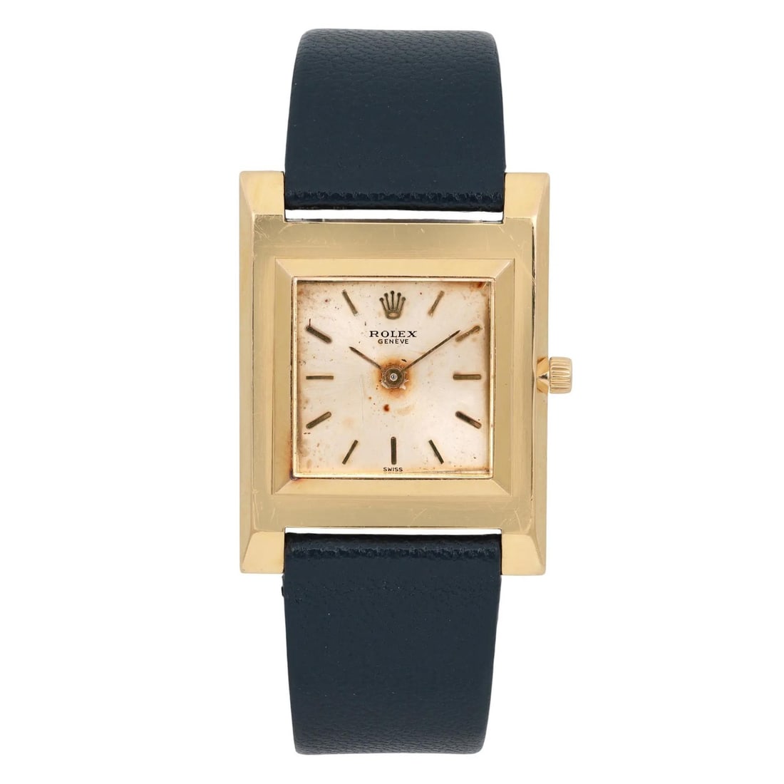 Unisex Ultra Thin 18k Yellow Gold Manual Rolex Watch With Aftermarket Blue Strap: Unisex Ultra Thin 18k Yellow Gold Manual Rolex Watch With Aftermarket Blue Strap This Rolex Vintage Ultra Thin wristwatch features an 18k yellow gold square case with a polished finish and a silver di
