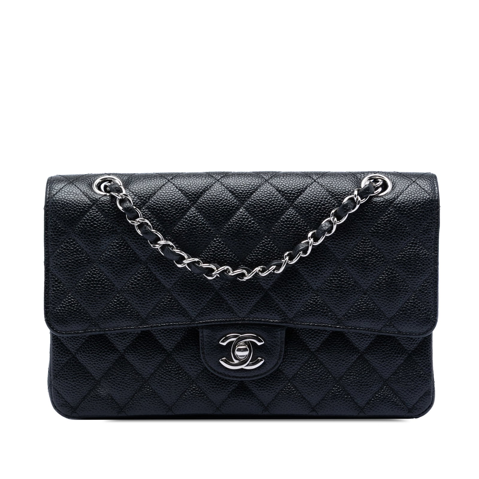 Chanel Medium Classic Black Caviar Leather Double Flap Shoulder Bag: Chanel Medium Classic Black Caviar Leather Double Flap Shoulder Bag This Chanel Medium Classic Caviar Double Flap shoulder bag features a quilted black caviar leather body with leather-woven chain str