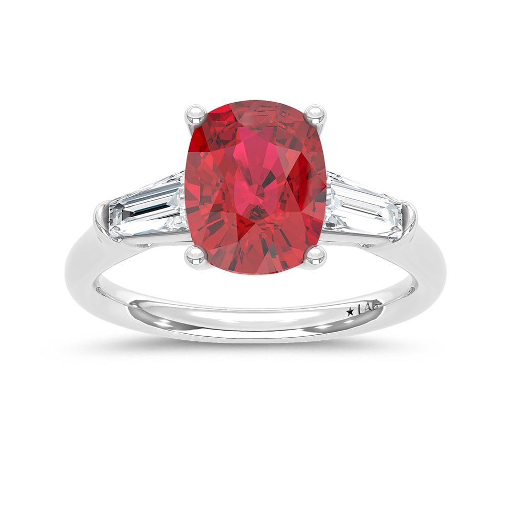14K White Gold Lab Grown Diamond 3 3/4 Ct.Tw. Cushion Shape Recrystalized Ruby Engagement Ring: 14K White Gold Lab Grown Diamond 3 3/4 Ct.Tw. Cushion Shape Recrystalized Ruby Engagement Ring (Center 3 ct) Celebrate love with unmatched brilliance. This 14K white gold engagement ring showcases a 3