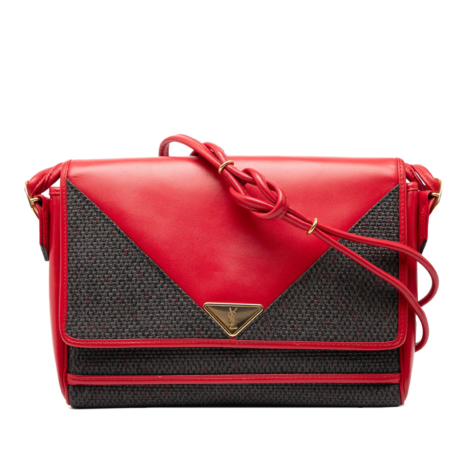 Saint Laurent Red Envelope Crossbody Bag with Leather Trim: Saint Laurent Red Envelope Crossbody Bag with Leather Trim This Saint Laurent Envelope Crossbody features a coated canvas body with leather trim, a rolled leather strap, and a flap with magnetic snap 