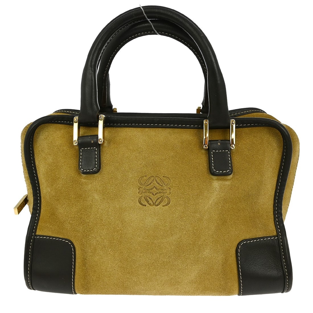 Loewe Amazona 28 Suede Top Handle Bag in Beige Leather: Loewe Amazona 28 Suede Top Handle Bag in Beige Leather This Loewe Amazona 28 handbag features a beige suede leather exterior with brown accents and double leather handles. The medium-sized top handle 