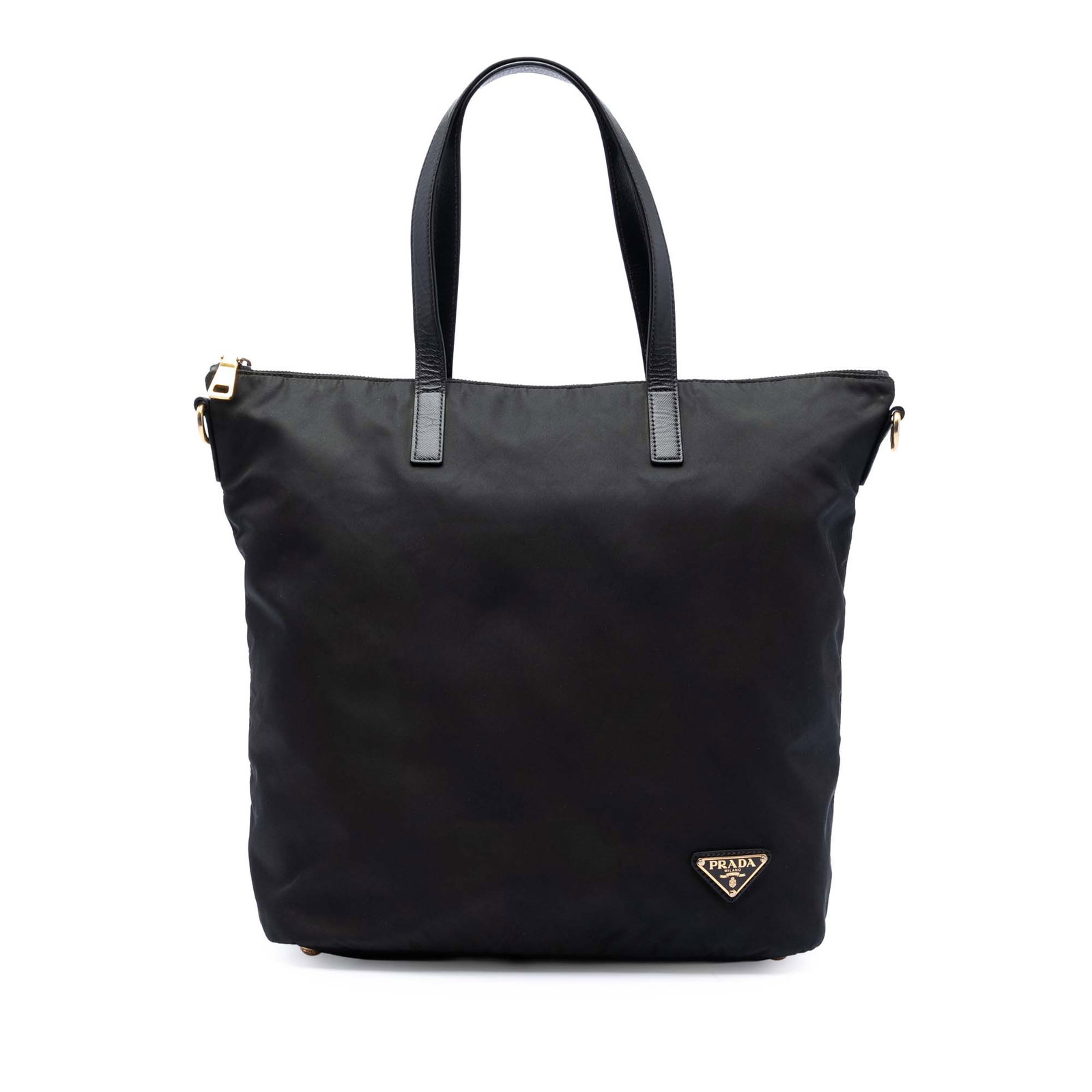 Prada Tessuto Convertible Nylon Tote with Leather Handles: Prada Tessuto Convertible Nylon Tote with Leather Handles This Prada Tessuto Zip Top Convertible Tote features a brown nylon body with flat leather handles, a top zip closure, and an interior zip pock