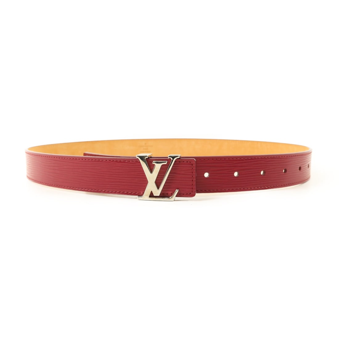 Epi Red Calfskin Belt with Silver LV Initials Buckle Size 85: Epi Red Calfskin Belt with Silver LV Initials Buckle Size 85 This Louis Vuitton Initials belt features red Epi calfskin leather and is designed for unisex wear. The belt has silver-tone hardware and i